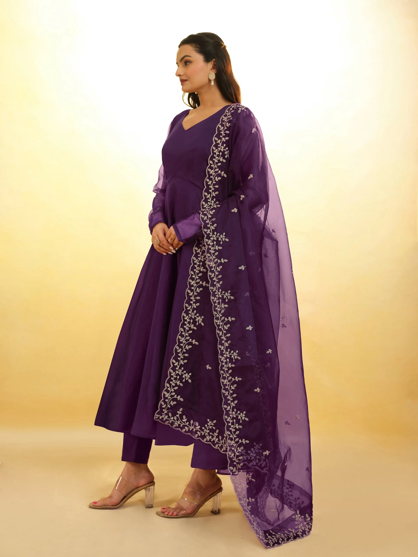Plum Purple Organza Gown With Heavy Dupatta