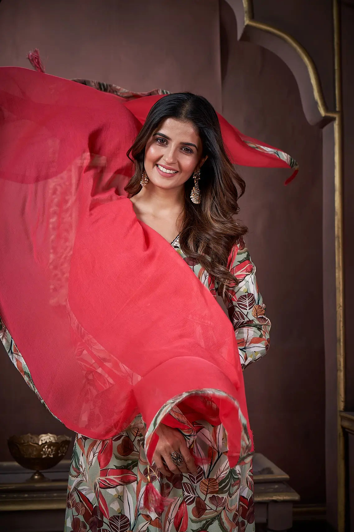 Cherry Red Handwork Kurta Set with Pant & Dupatta