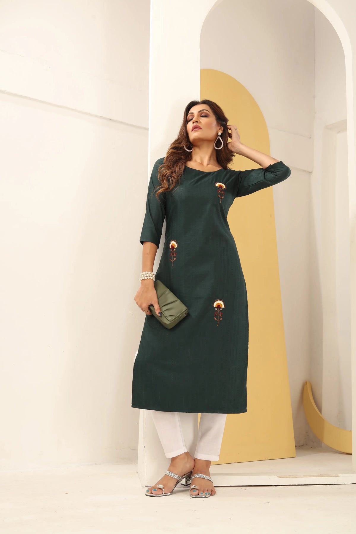 Green Silk Straight Kurta Set with Handmade Embroidery