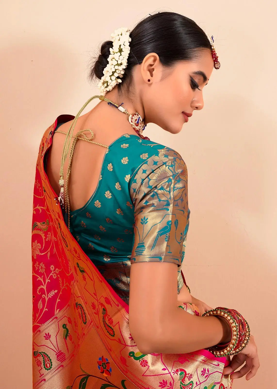 Red Paithani Silk Saree with Zari Border & Rich Pallu