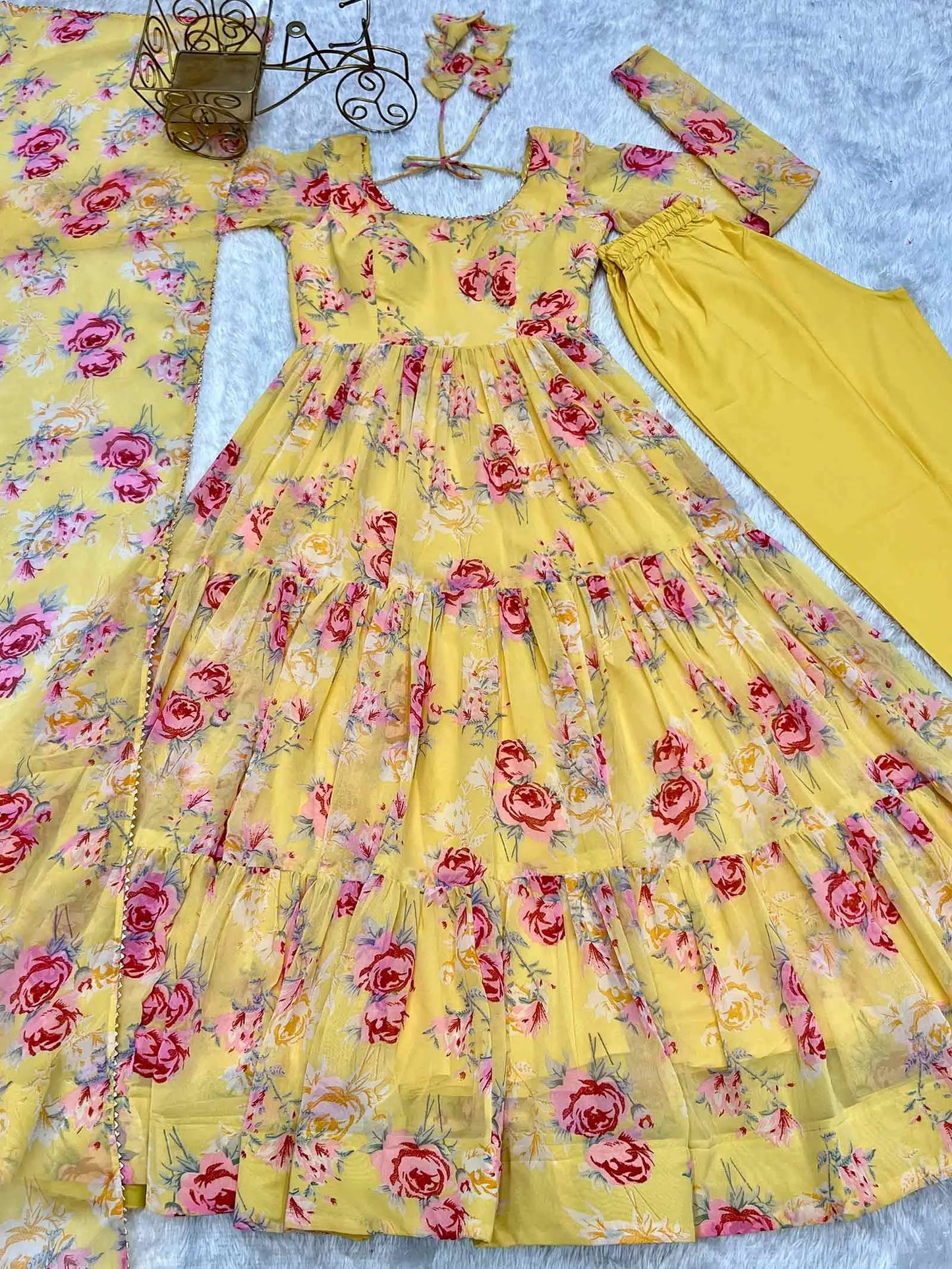Yellow Georgette Floral Print Gown With Dupatta