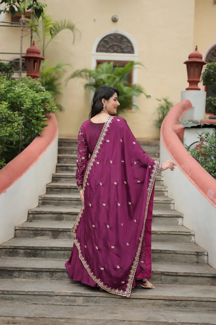 Wine Chinon Rich Sequins Embroidery Work Side Cut Gown With Dupatta And Sharara