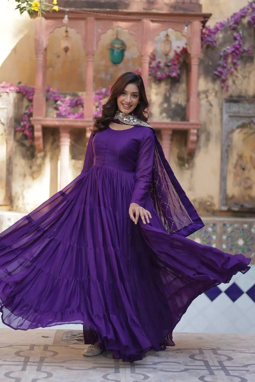 Dark Purple Haze Georgette Fully Flair Gown With Embroidery Work Dupatta