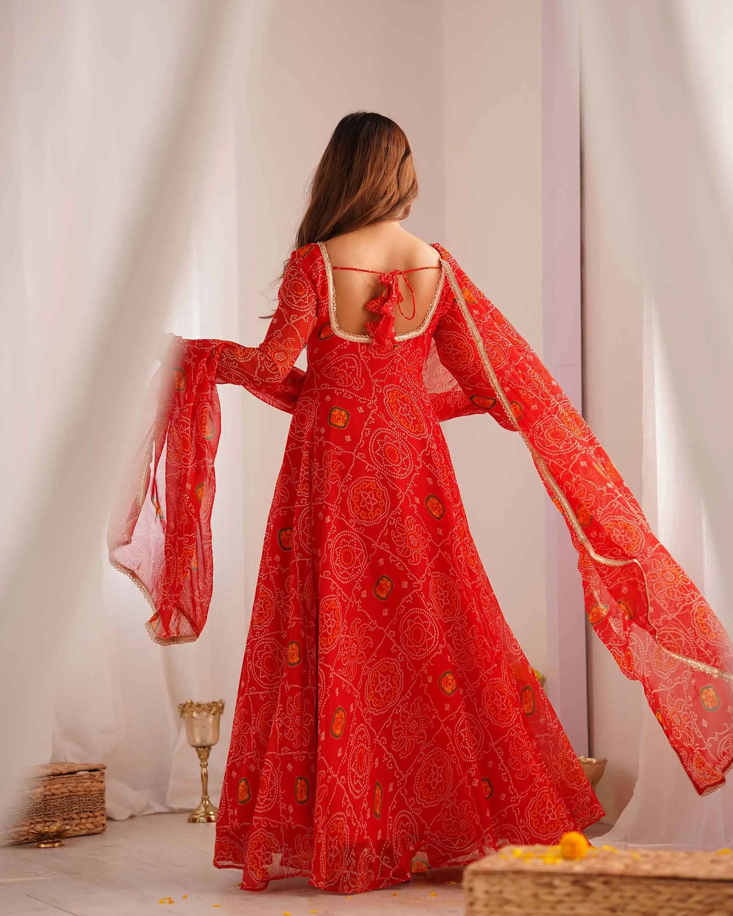 Ruby Red Soft Light Weight Chiffon Bandhej Print Gown With Dupatta