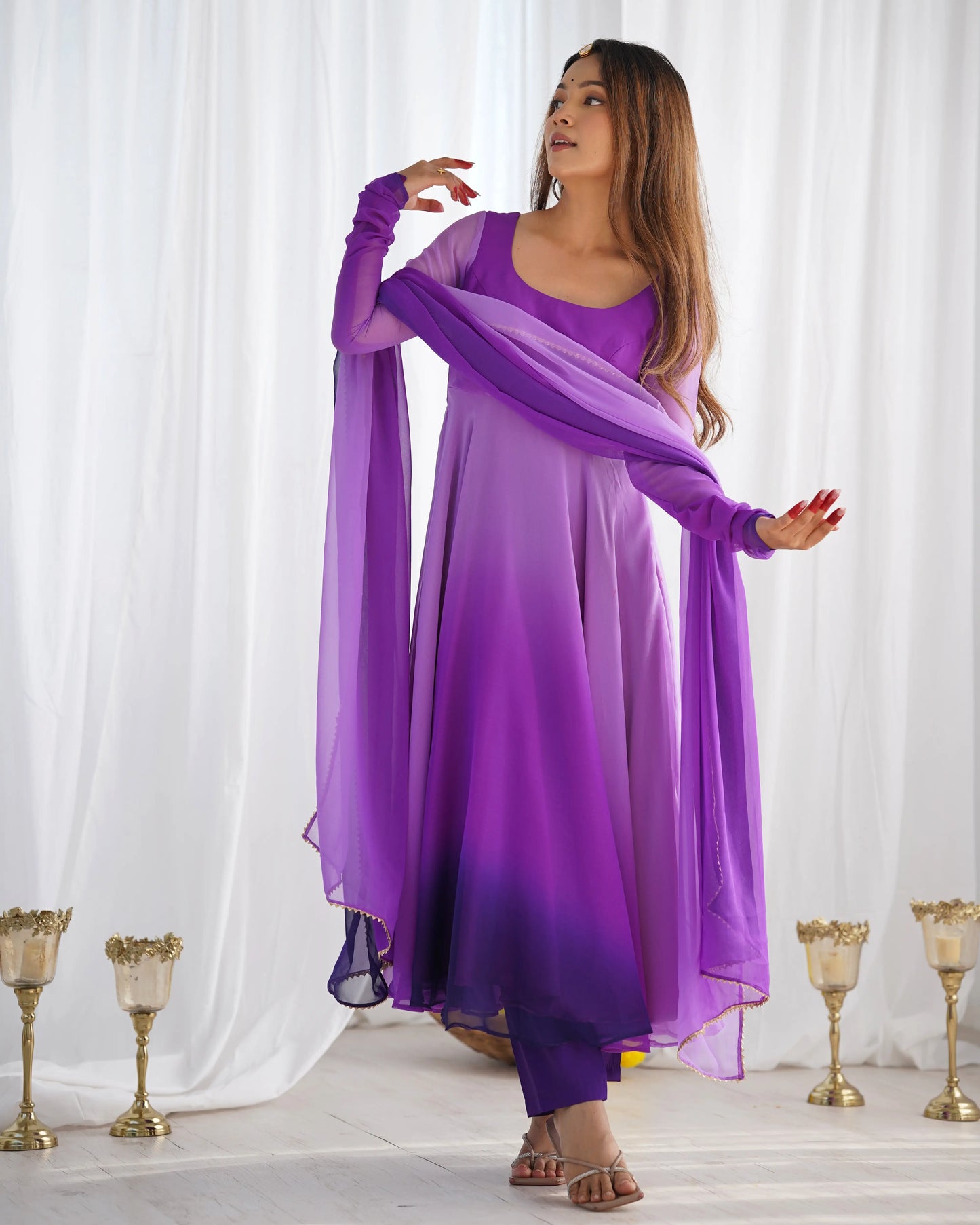 Purple With Colorful Padding Plain Georgette Gown With Dupatta