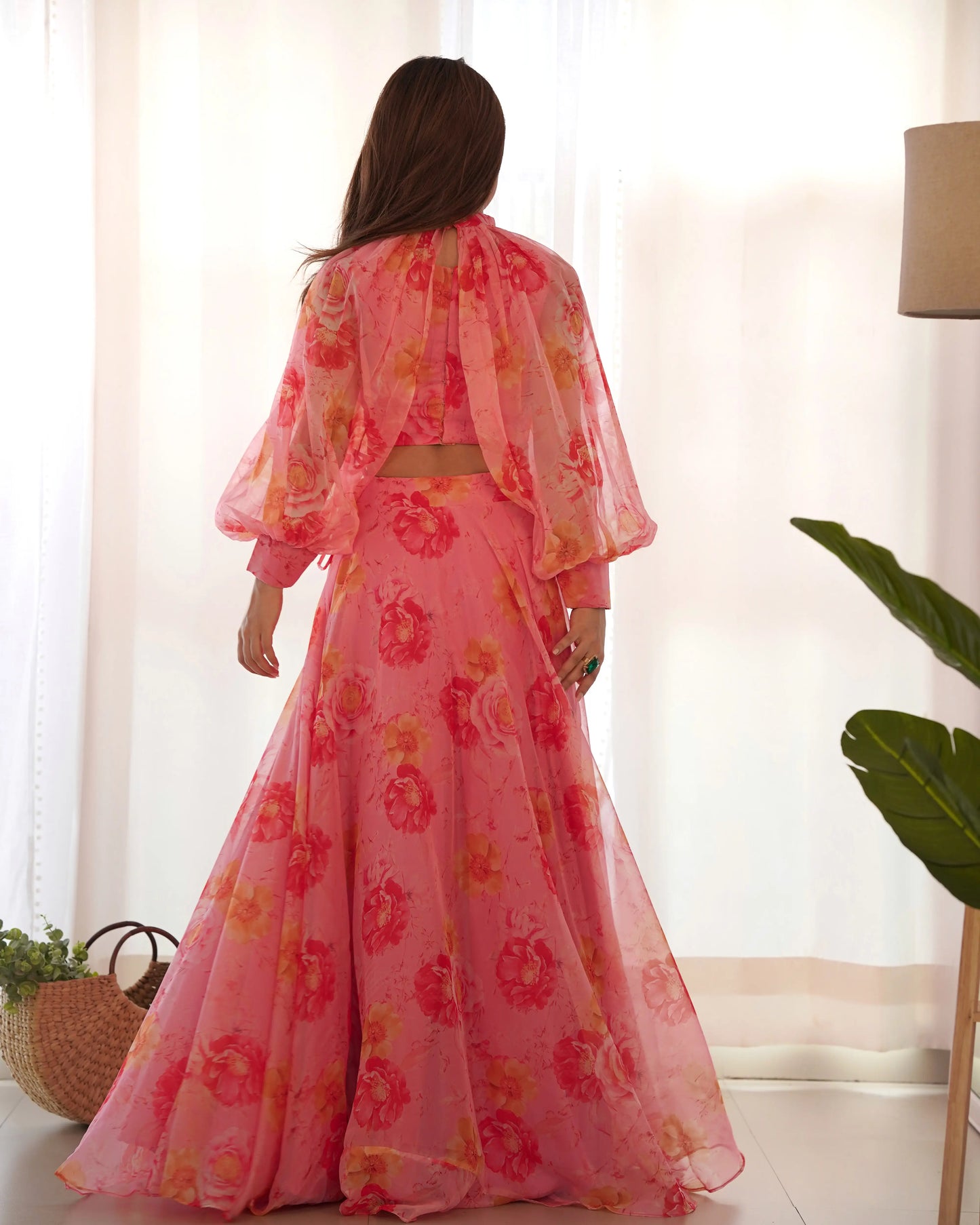 Dirty Pink Floral Print Indo Western With Detachable Sleeves And Lehenga