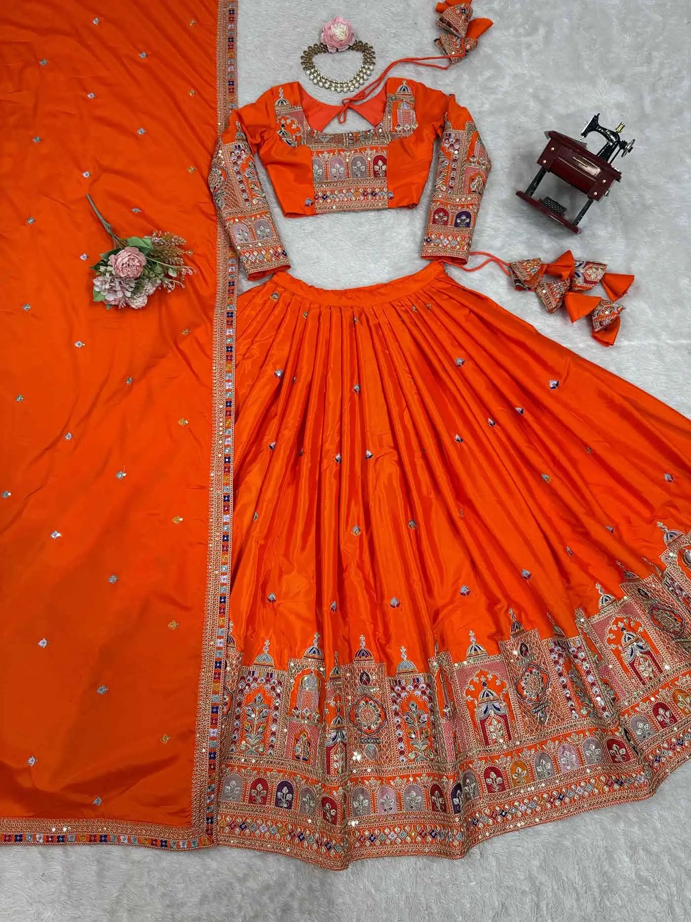 Deep Orange Cording Dori Embroidery Work Lehenga With Dupatta