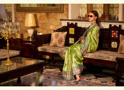 Green Tissue Silk Saree with Designer Contrast Border