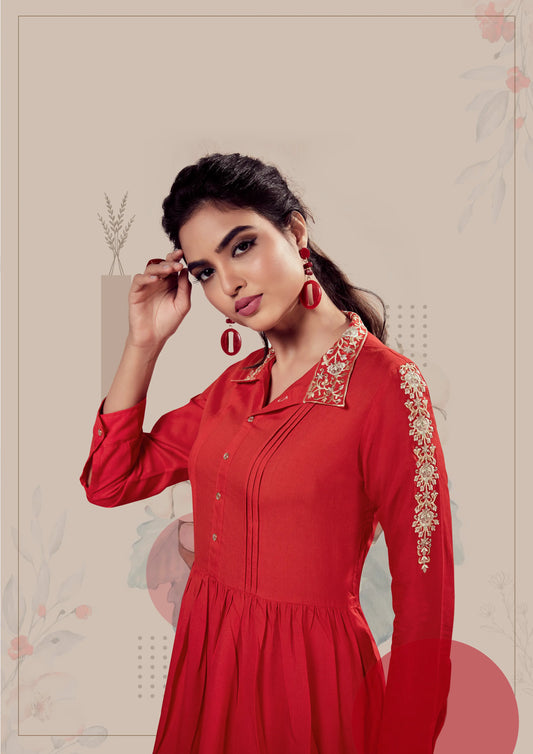 Red Rayon Straight Short Kurti