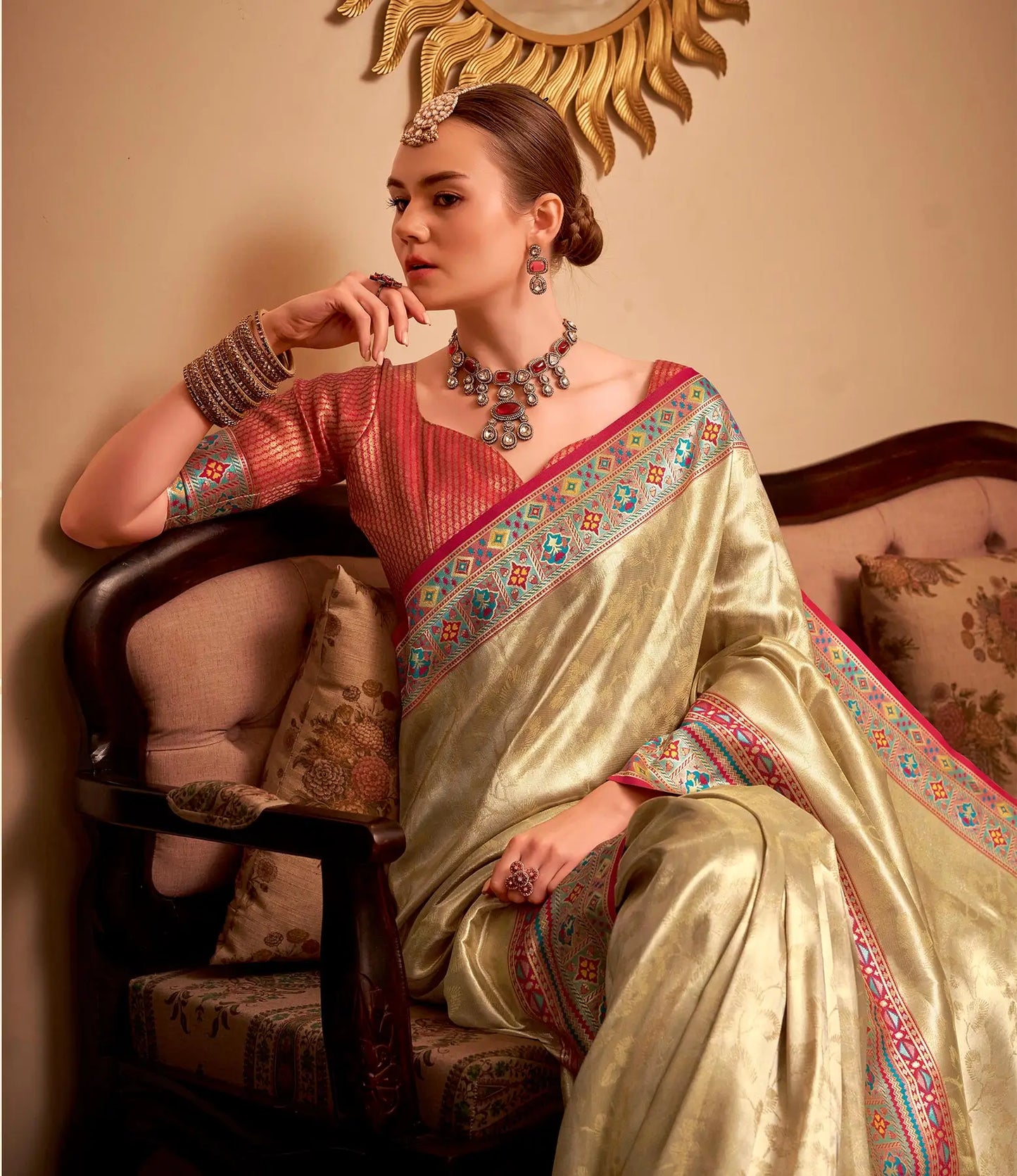 Beige Tissue Silk Zari Weaving Saree with Distinctive Border