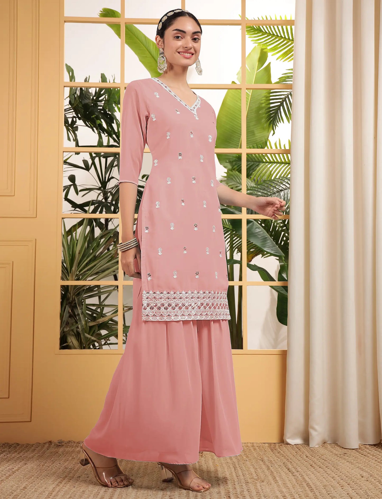 Peach Georgette Salwar Suit With Sequence Embroidery Work