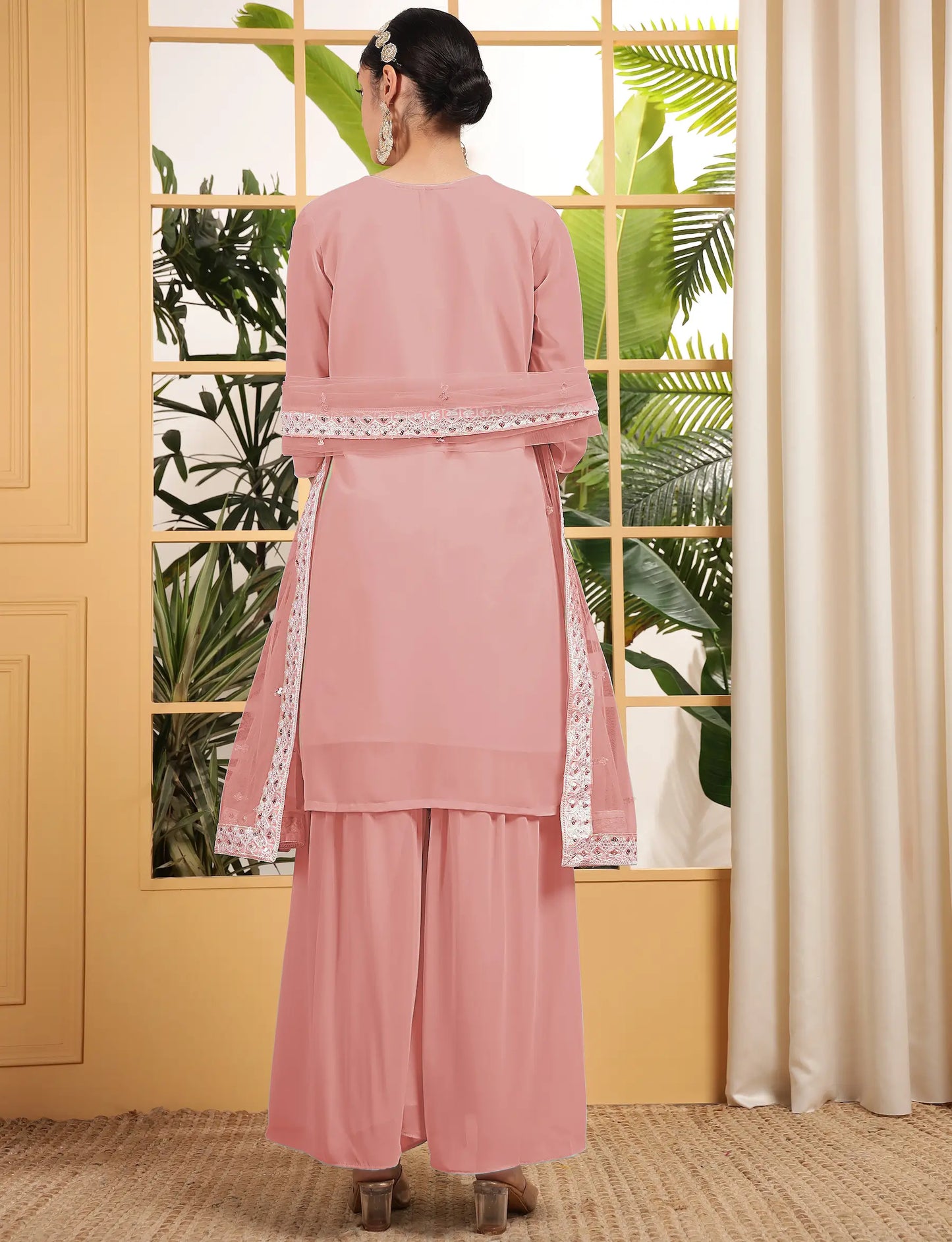 Peach Georgette Salwar Suit With Sequence Embroidery Work