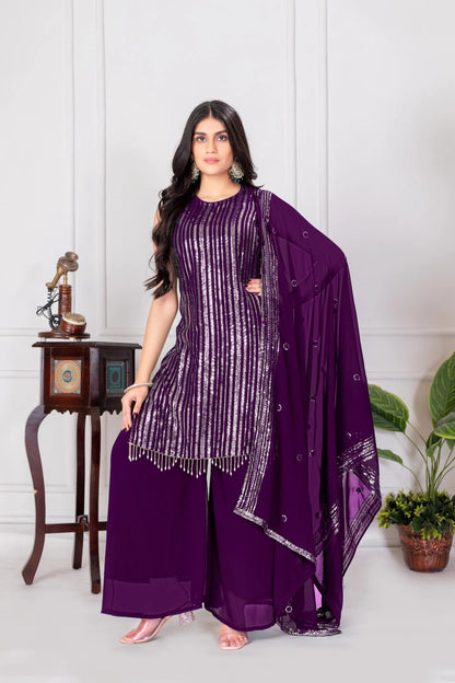 Wine Georgette Sequence Embroidery Work Palazzo Salwar Suit