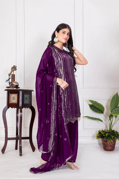Wine Georgette Sequence Embroidery Work Palazzo Salwar Suit
