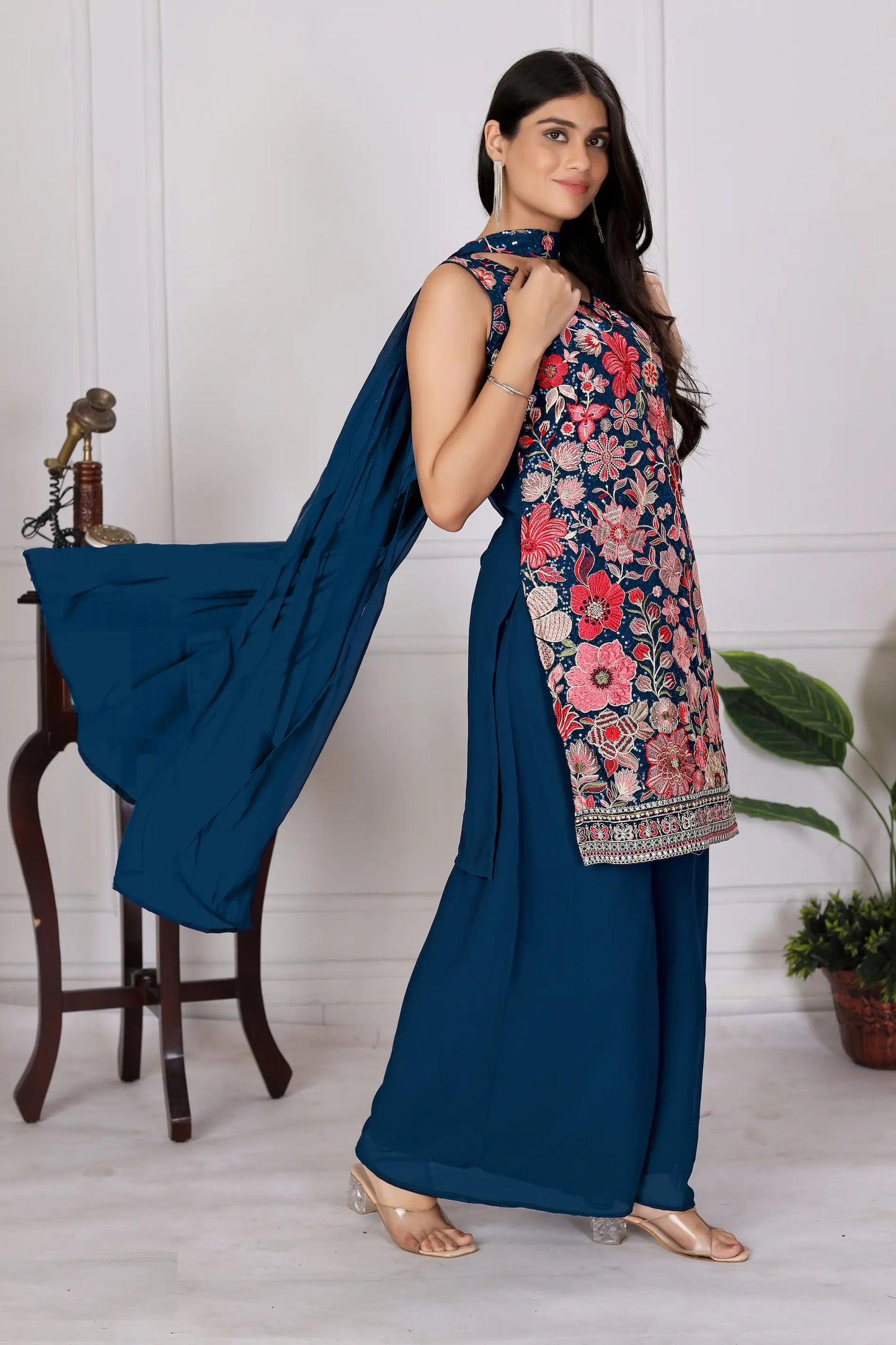 Teal Blue Georgette Palazzo Salwar Suit With Sequence Embroidery Work