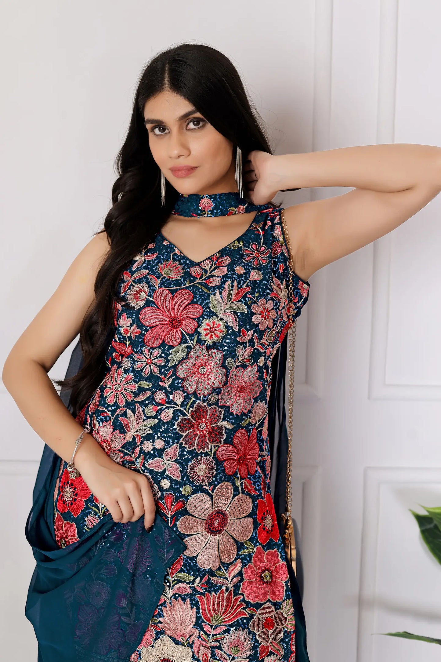 Teal Blue Georgette Palazzo Salwar Suit With Sequence Embroidery Work