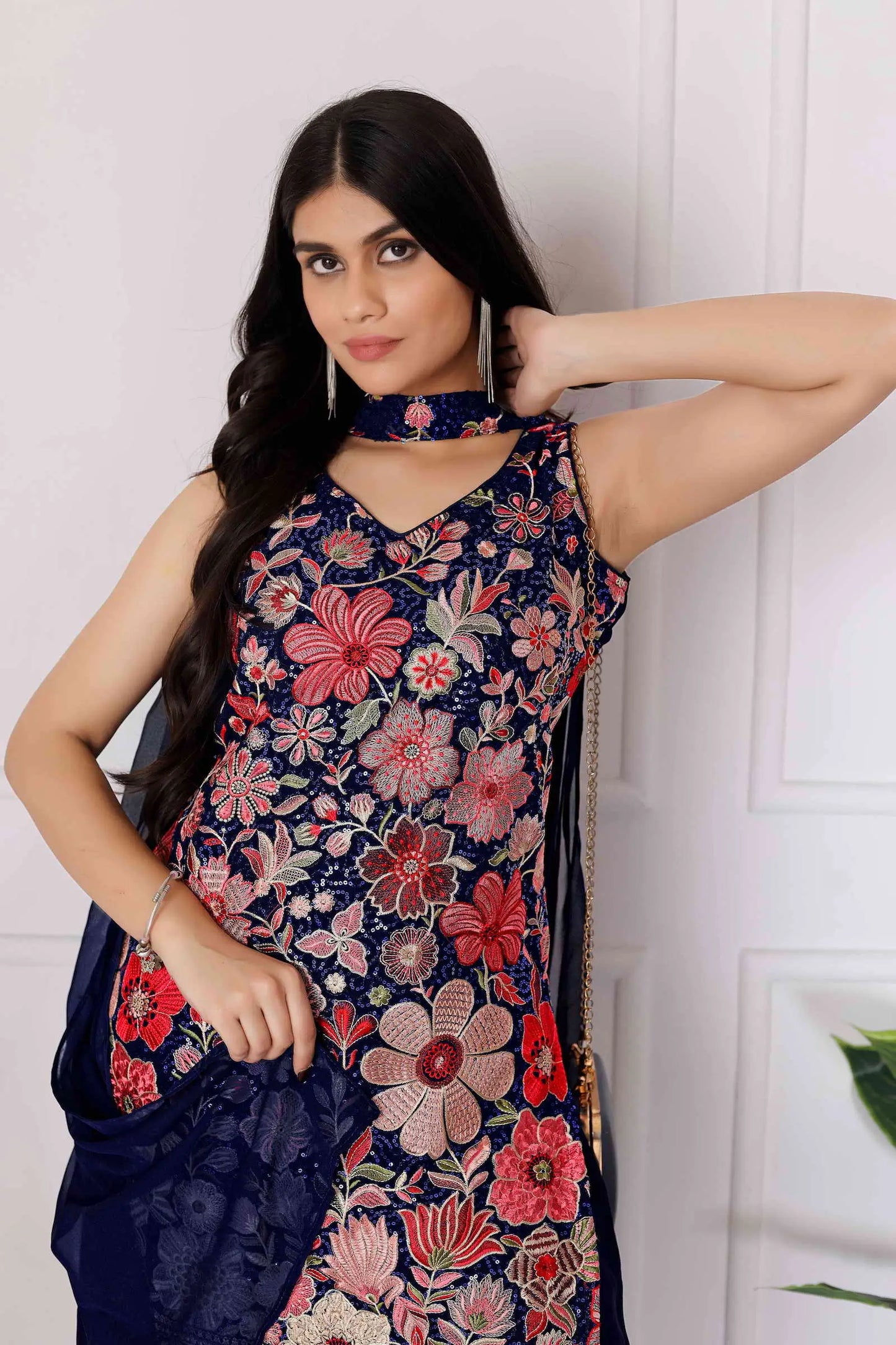 Dark Blue Georgette Palazzo Salwar Suit With Sequence Embroidery Work