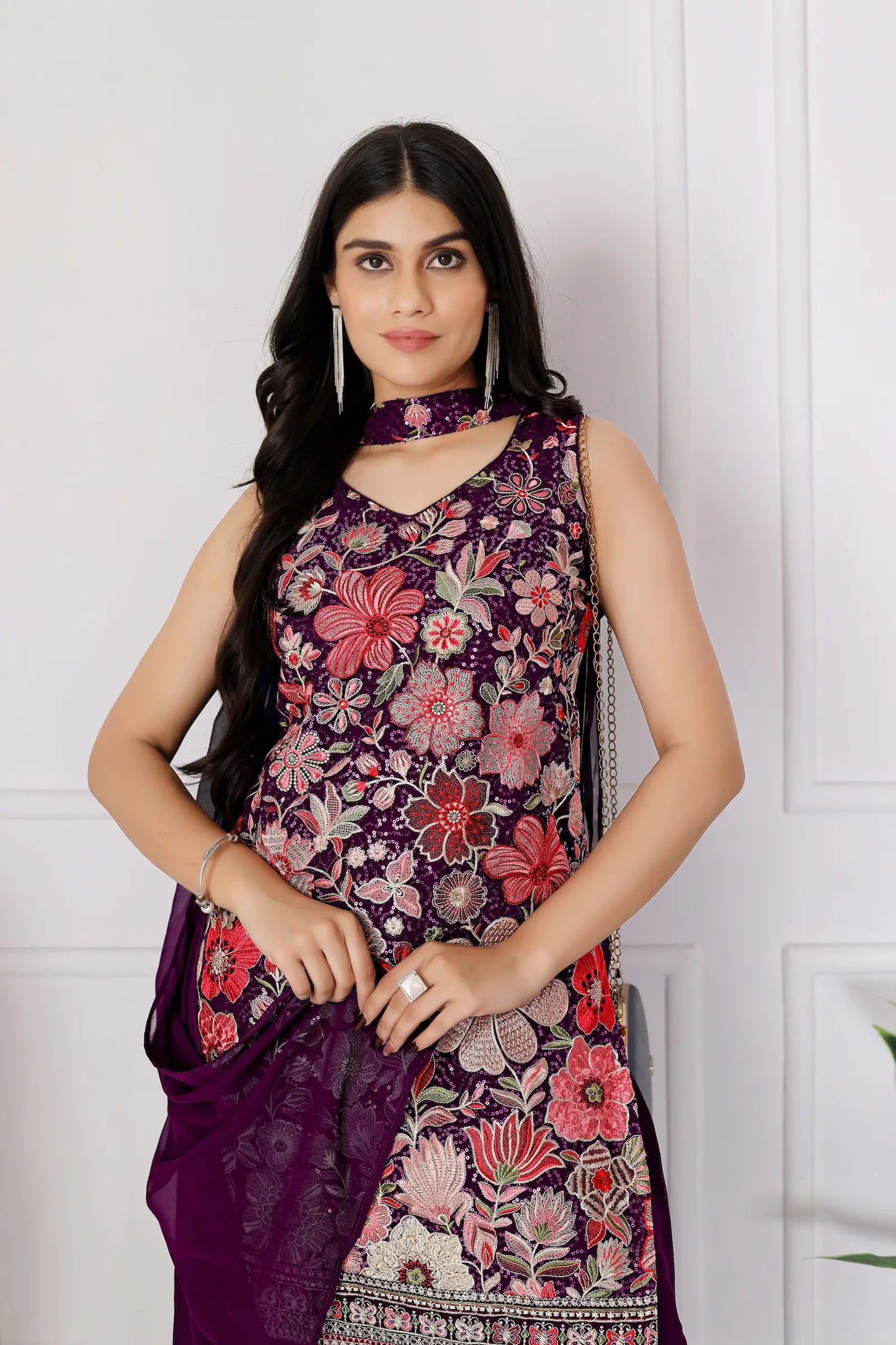 Dark Purple Georgette Palazzo Salwar Suit With Sequence Embroidery Work