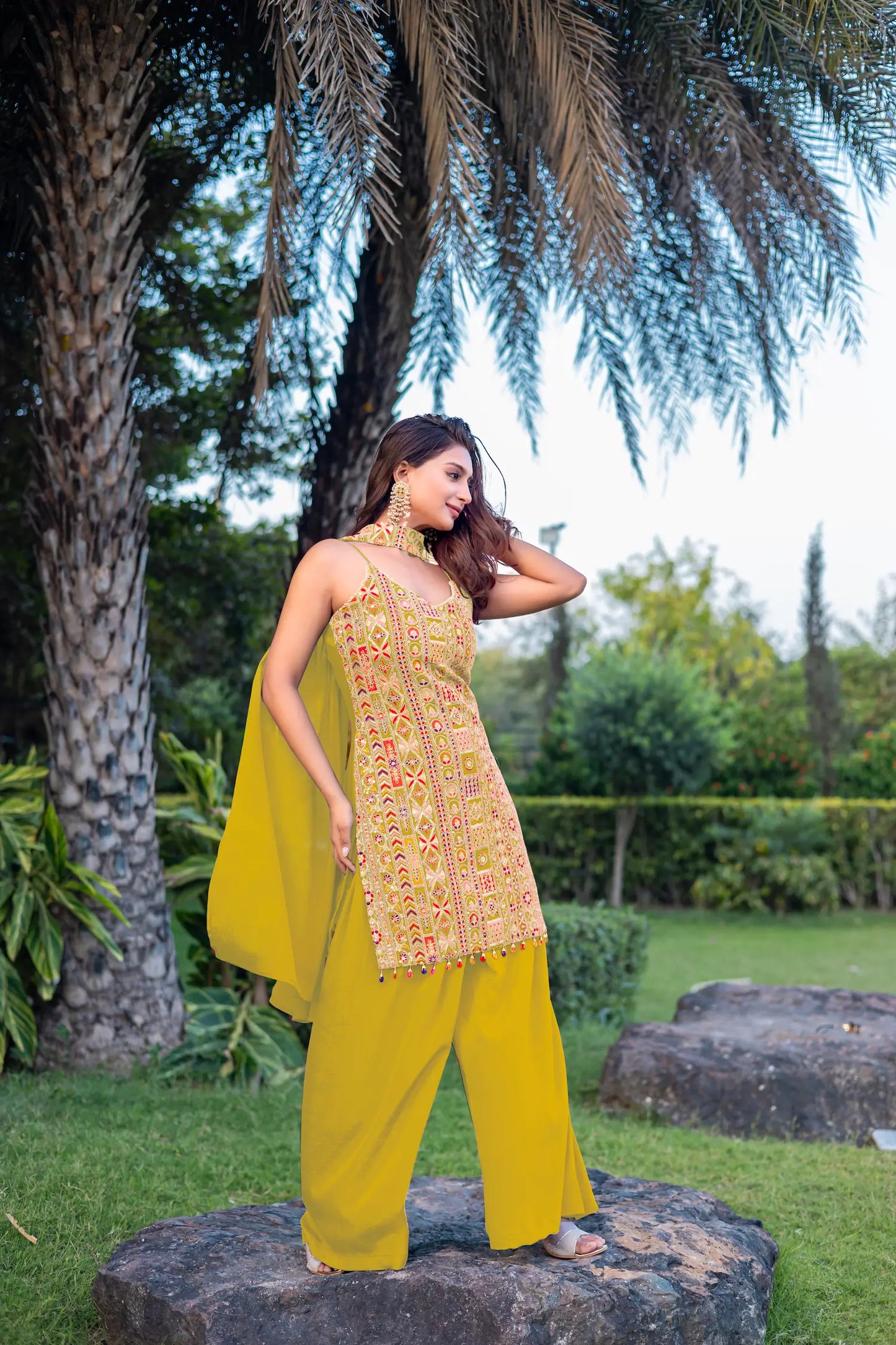 Yellow Chinon Sequence Embroidery Work Palazzo Salwar Suit