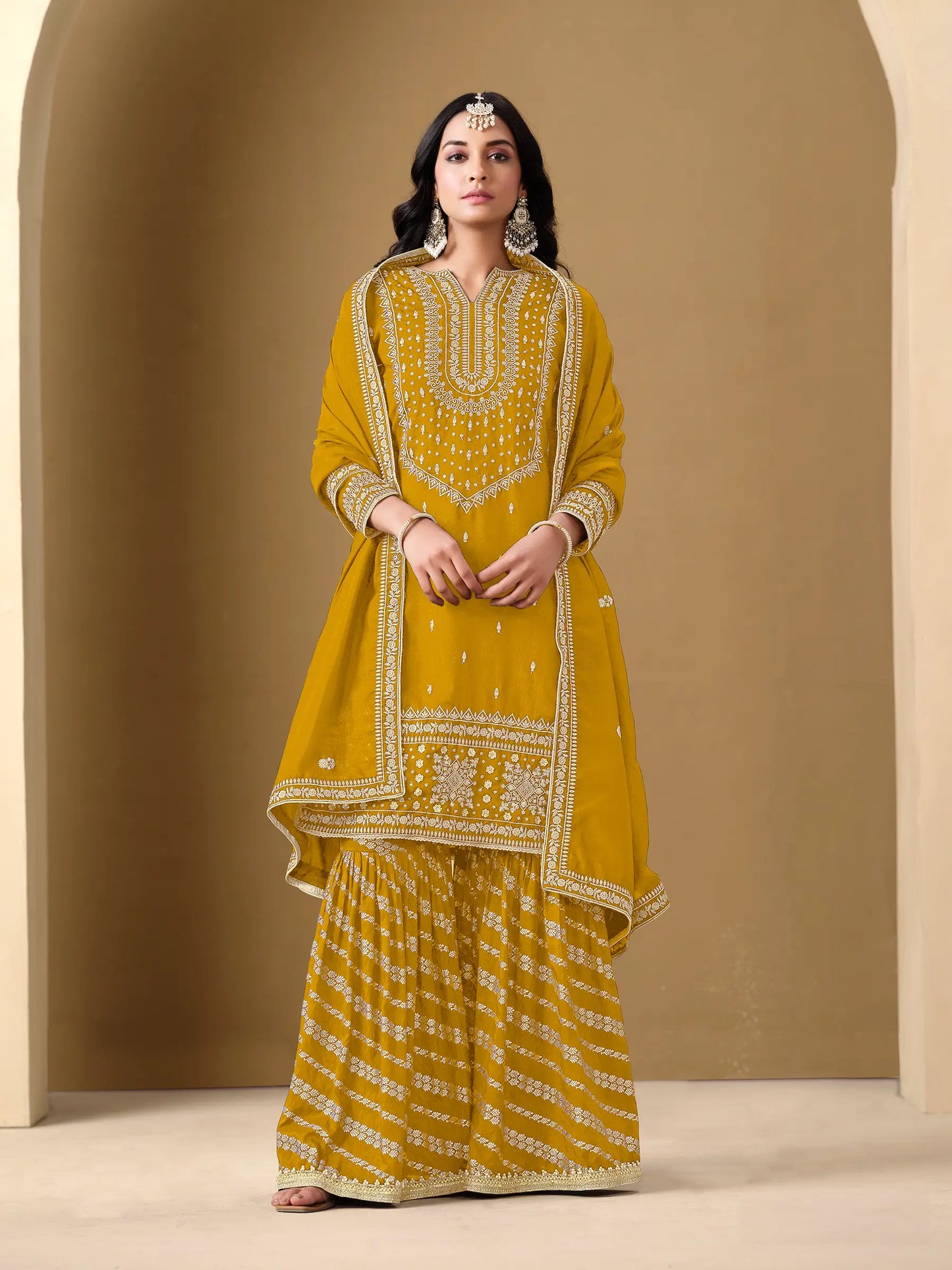 Yellow Art Silk Sharara Suit With Thread & Sequins Embroidery Work