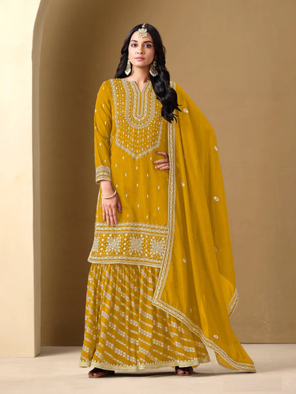 Yellow Art Silk Sharara Suit With Thread & Sequins Embroidery Work