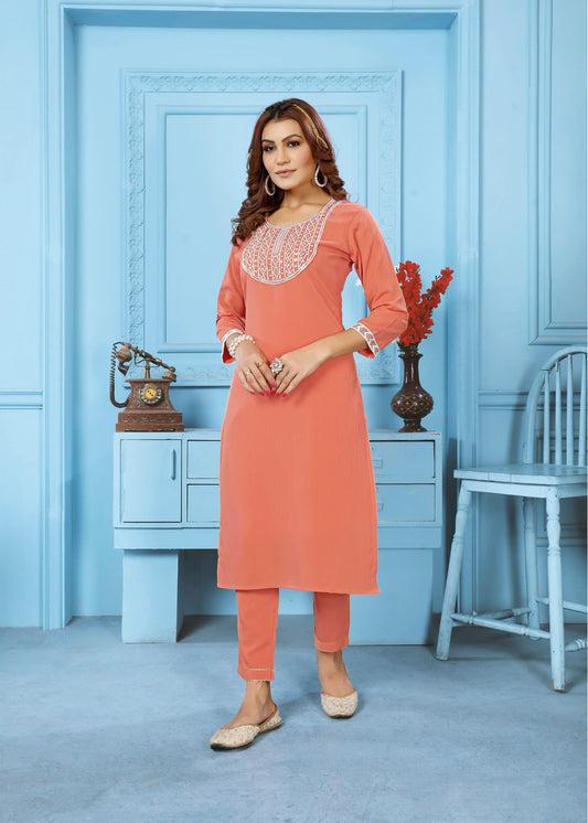 Orange Kurta Set With Embroidery Work