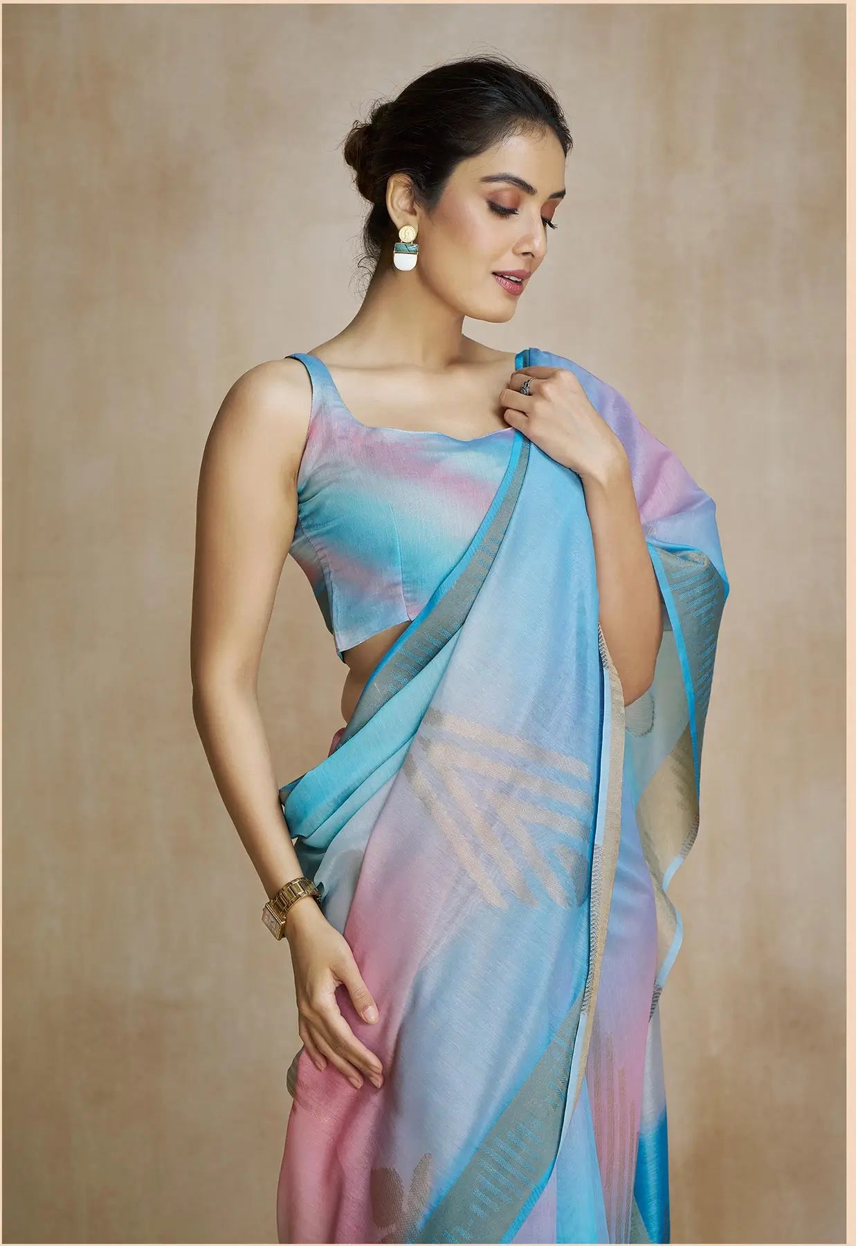 Multi Color Art Silk Saree with Zari Border & Digital Print