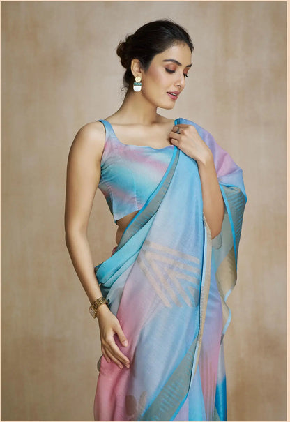 Multi Color Art Silk Saree with Zari Border & Digital Print