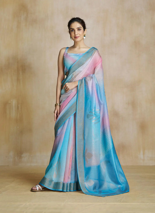 Multi Color Art Silk Saree with Zari Border & Digital Print
