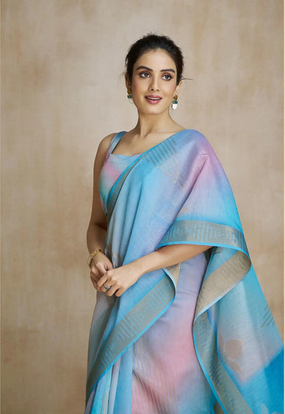 Multi Color Art Silk Saree with Zari Border & Digital Print