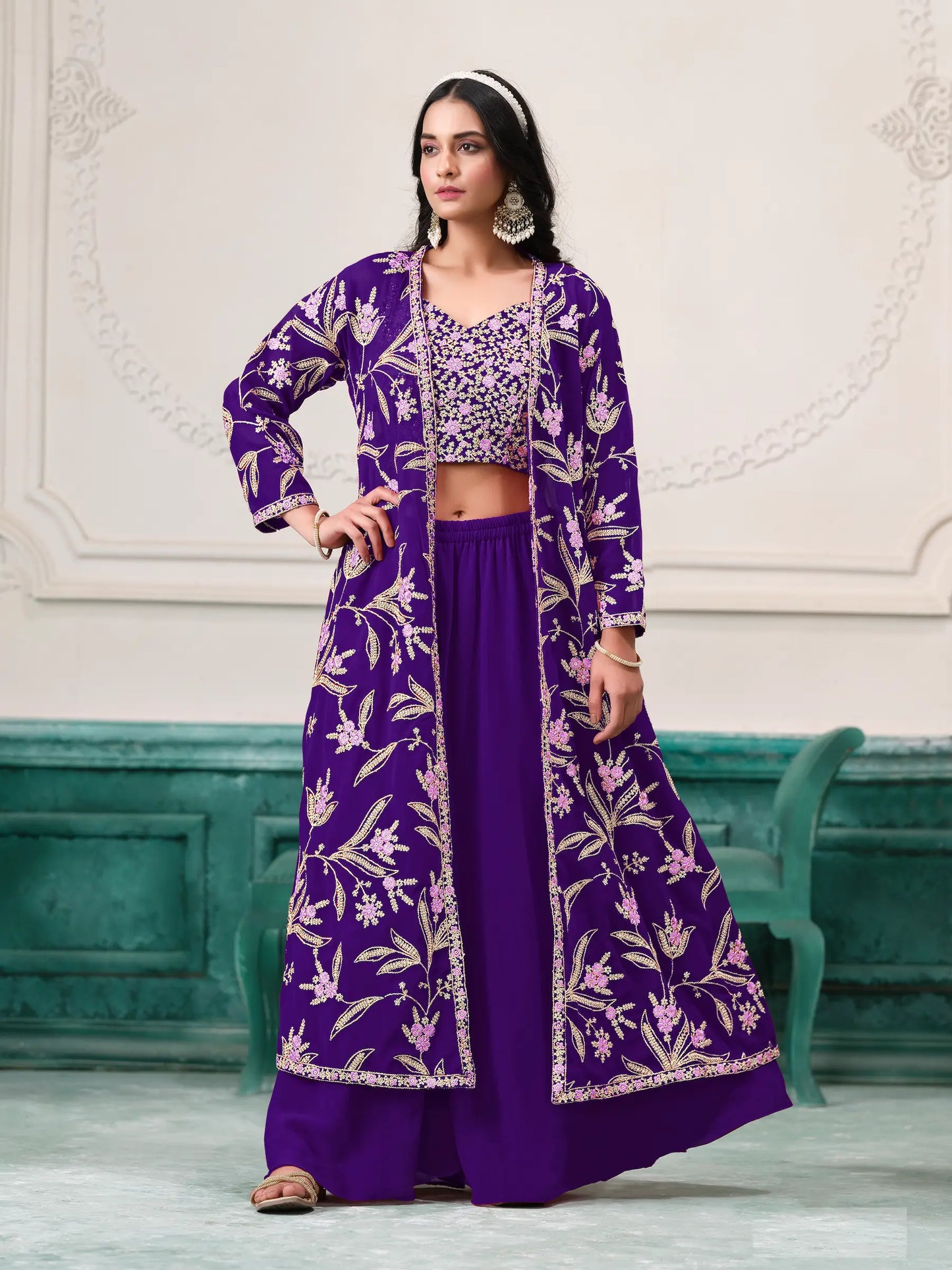 Purple Georgette Indo Western Set With Thread & Sequins Embroidery Work