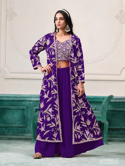Purple Georgette Indo Western Set With Thread & Sequins Embroidery Work