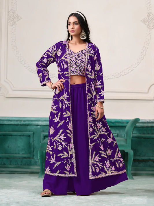 Purple Georgette Indo Western Set With Thread & Sequins Embroidery Work