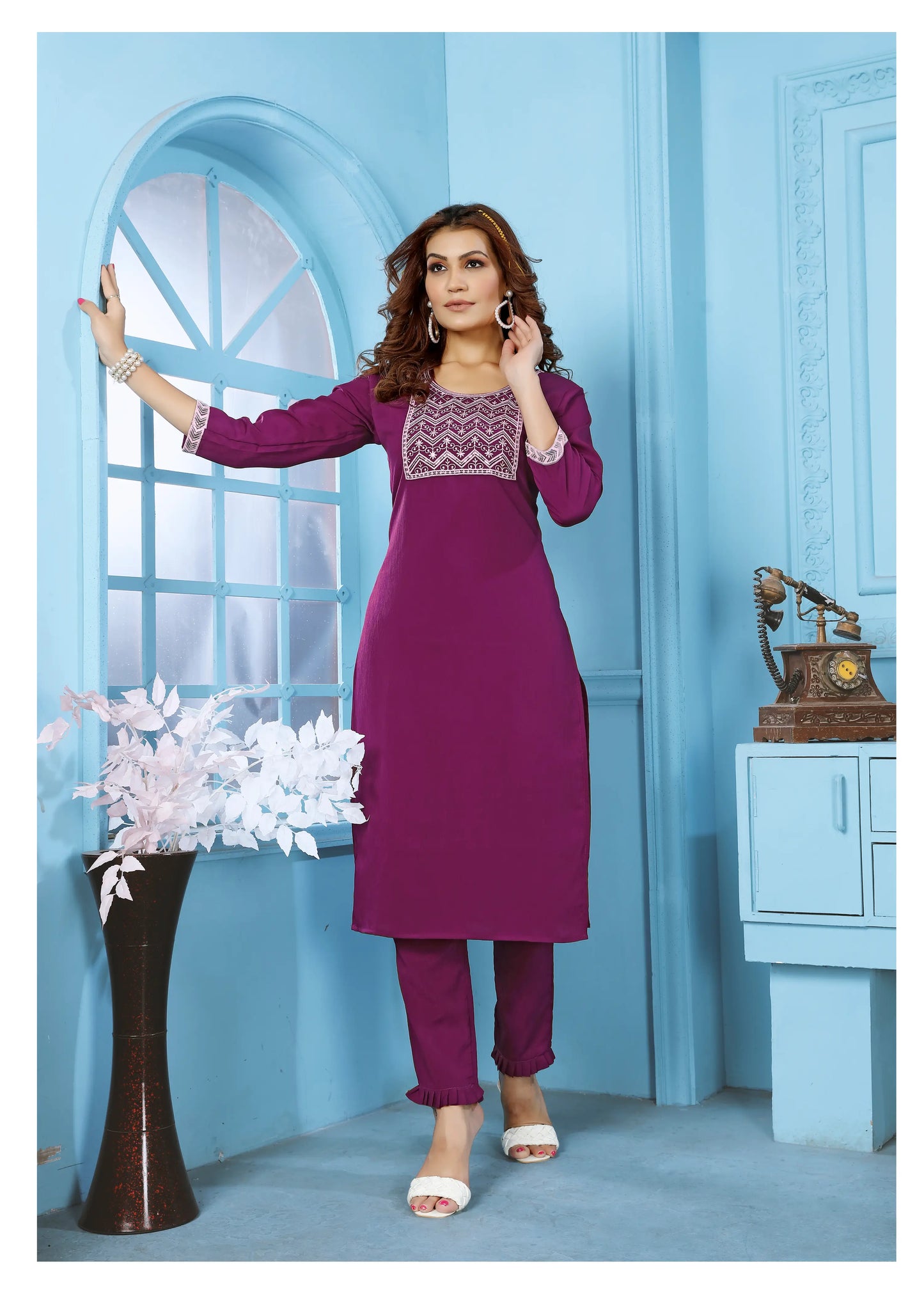 Mulberry Purple Kurta Set With Embroidery Work