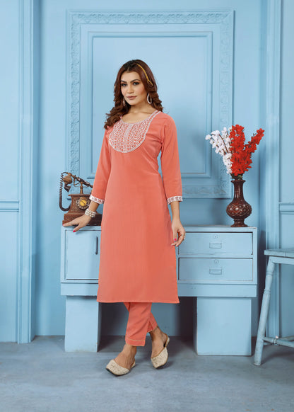 Orange Kurta Set With Embroidery Work