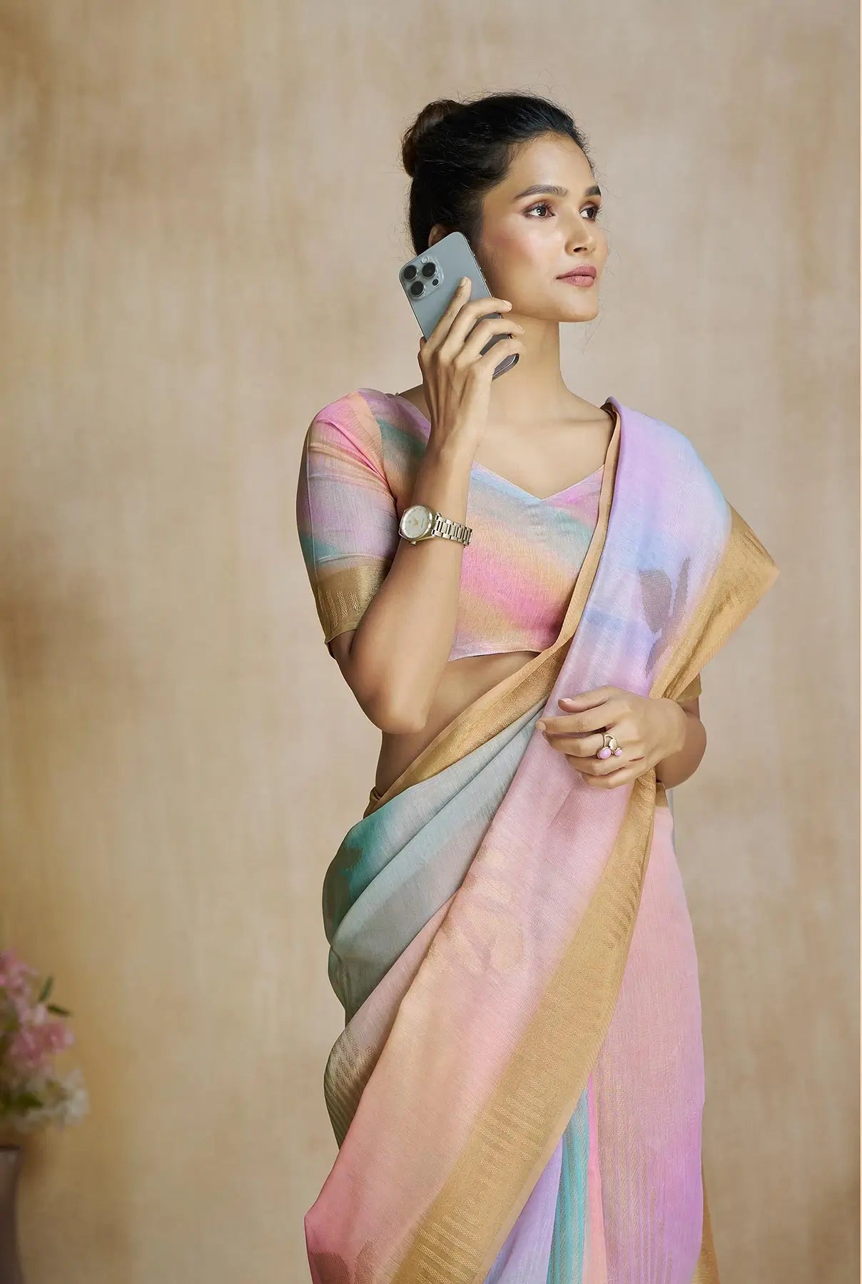 Multi Color Art Silk Saree with Zari Border & Digital Print