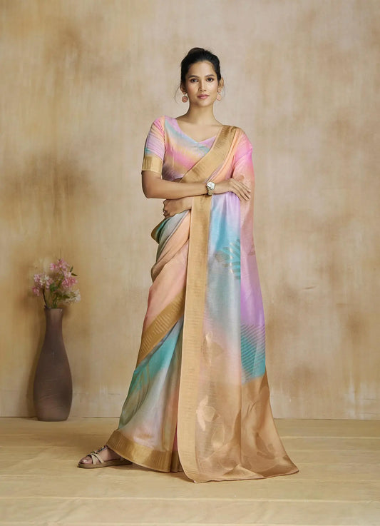 Multi Color Art Silk Saree with Zari Border & Digital Print