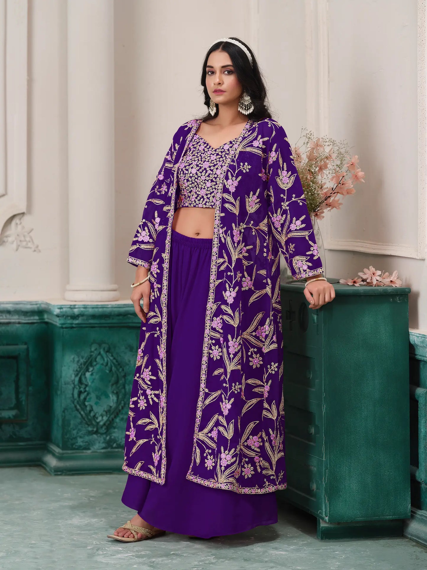 Purple Georgette Indo Western Set With Thread & Sequins Embroidery Work