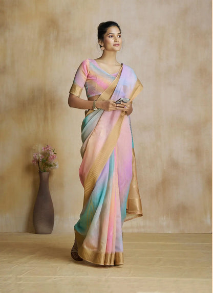 Multi Color Art Silk Saree with Zari Border & Digital Print