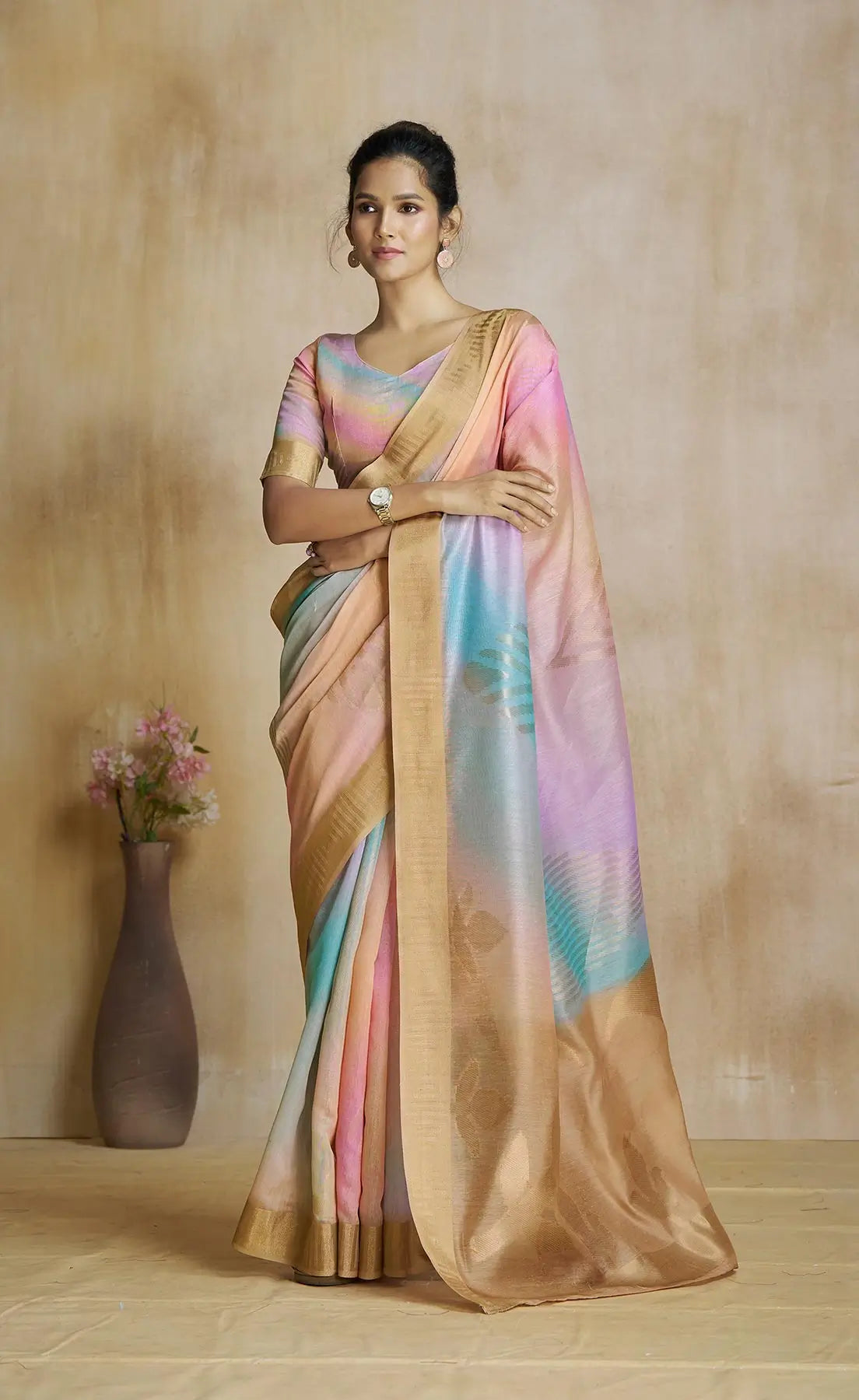 Multi Color Art Silk Saree with Zari Border & Digital Print