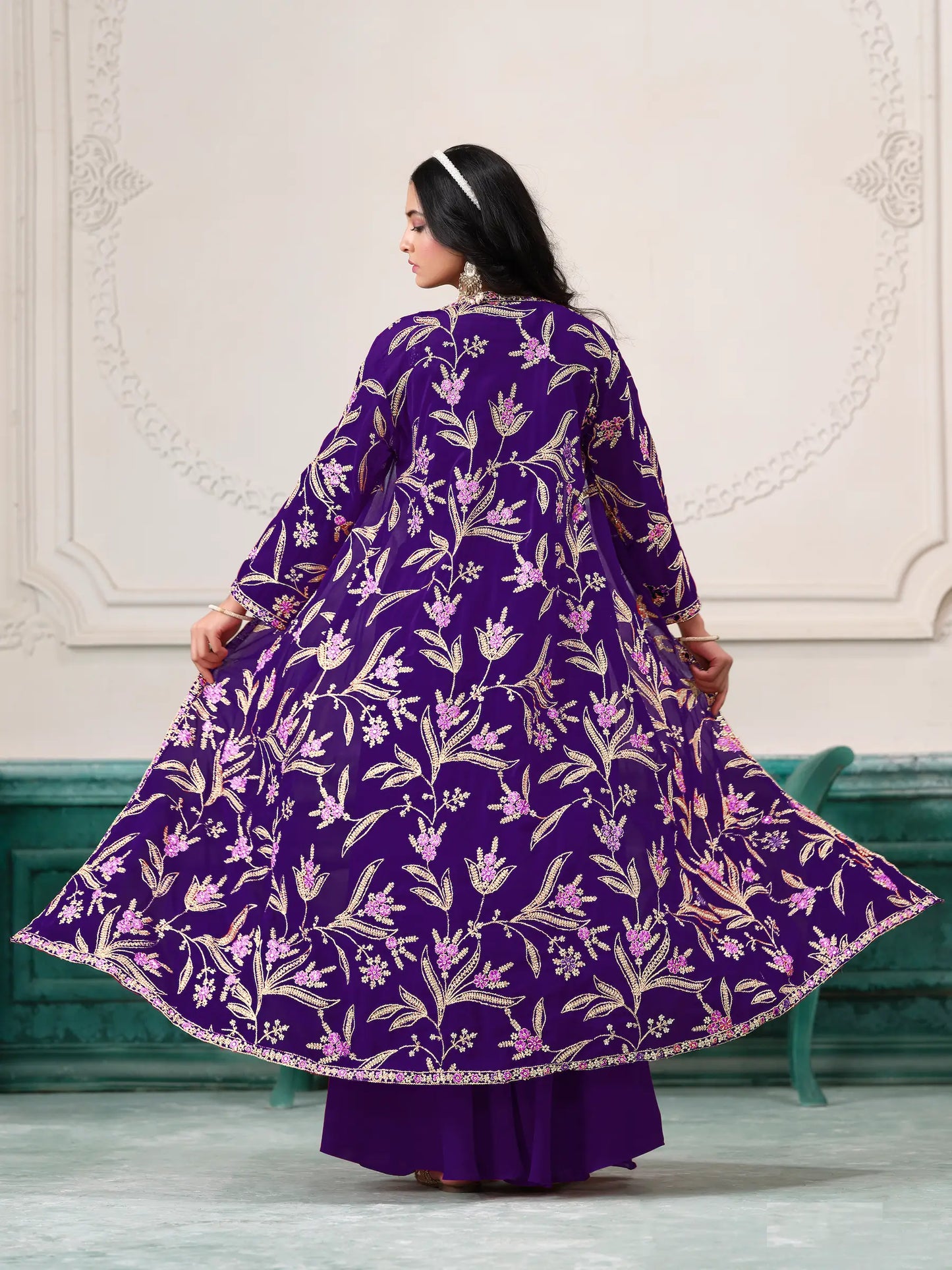 Purple Georgette Indo Western Set With Thread & Sequins Embroidery Work