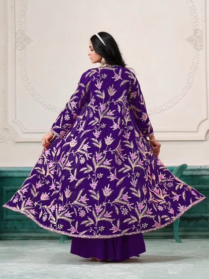 Purple Georgette Indo Western Set With Thread & Sequins Embroidery Work