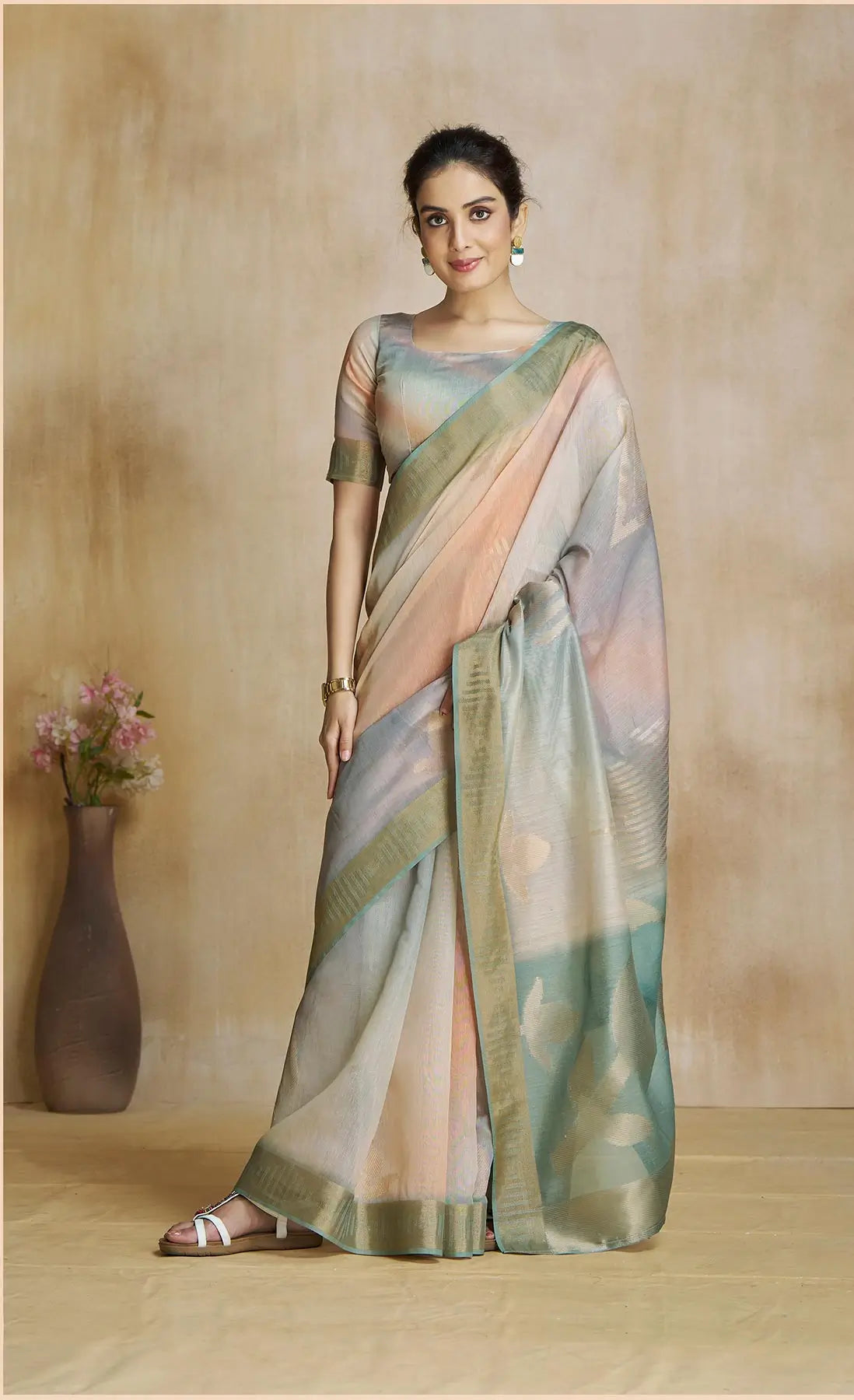 Multi Color Art Silk Saree with Zari Border & Digital Print