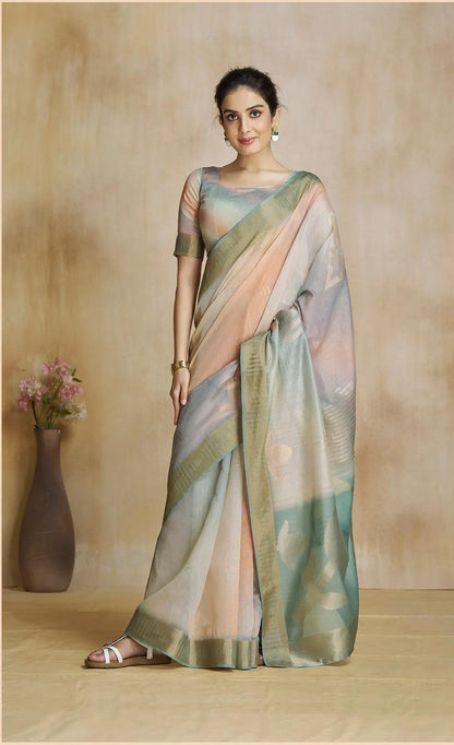 Multi Color Art Silk Saree with Zari Border & Digital Print