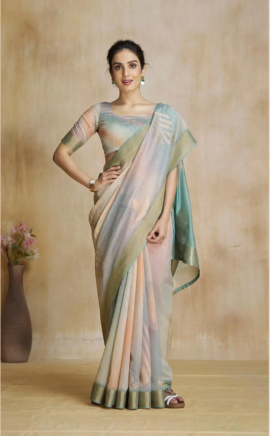 Multi Color Art Silk Saree with Zari Border & Digital Print