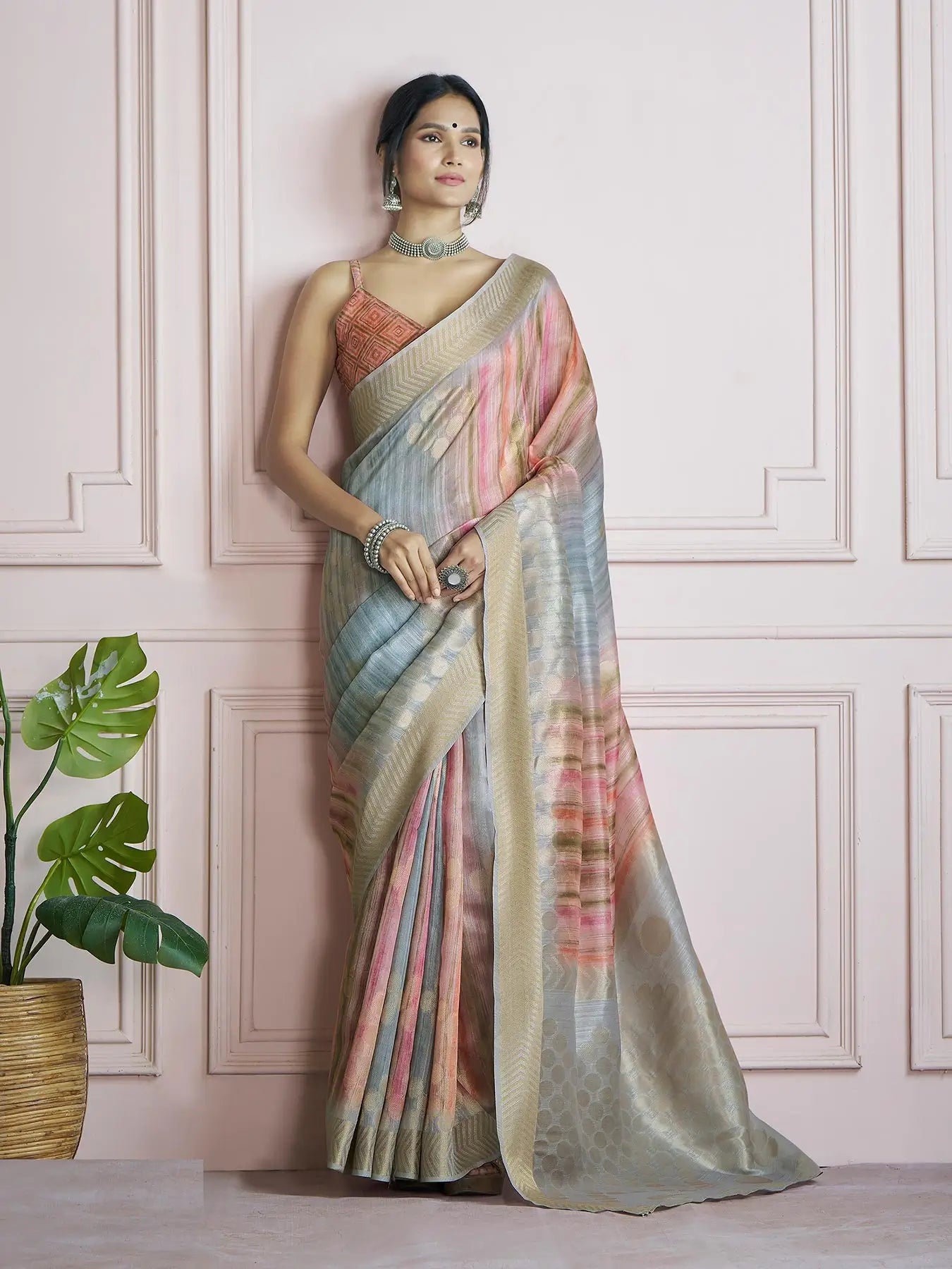 MultiColor Handloom Khadi Silk Saree with Digital Print & Zari  Border