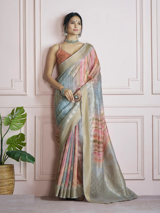 MultiColor Handloom Khadi Silk Saree with Digital Print & Zari  Border