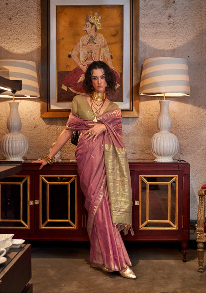 Pink  Silk Saree With Contrast Ikkat Design Pallu