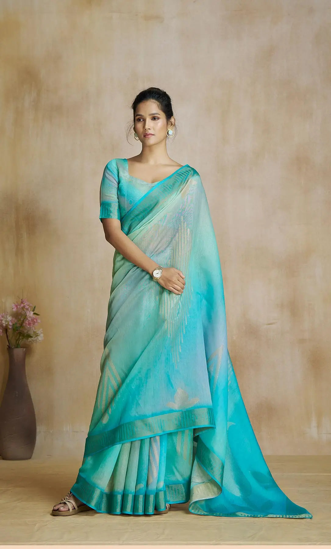 Aqua Blue  Art Silk Saree with Zari Border & Digital Print