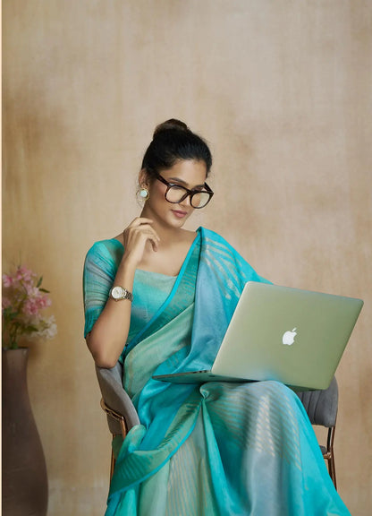 Aqua Blue  Art Silk Saree with Zari Border & Digital Print